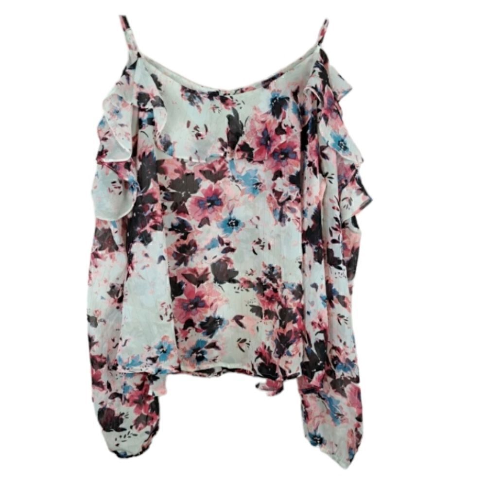 NWT ARIZONA JEANS CO. "FLORAL NEON" COLD SHOULDER SHEER FLORAL BLOUSE SZ.3X